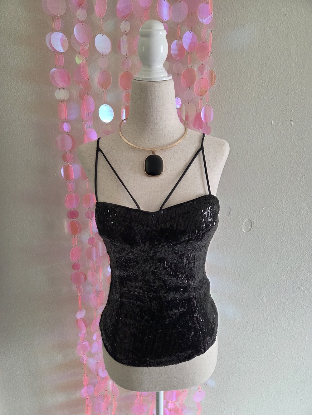 Y2K Black Sequin Strappy Corset Cami Top